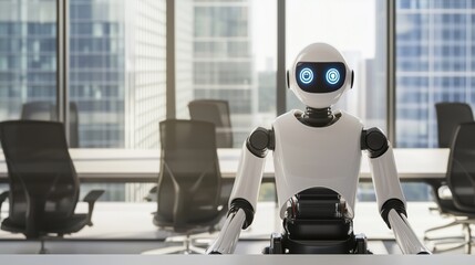 Robot waiting in a modern office for a job interview.