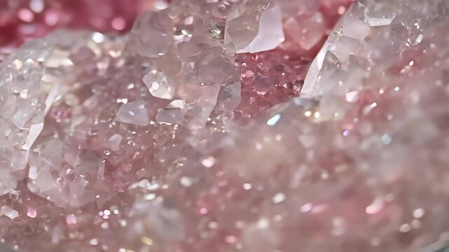 Close-up of pink and clear Strawberry Quartz crystal formations with sparkling facets.