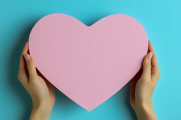 Close-up of two hands holding a pink heart shape against a blue background.