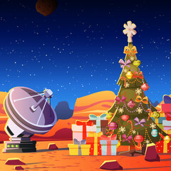 Crestmass tree with gift in mars planet with lacator station