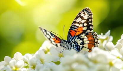 Naklejka premium Butterfly Resting on White Flowers in a Sunny Garden Scene