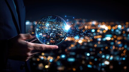 Man holds lens with cityscape reflecting in it, representing future technology at night