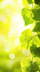 Dewy green leaves, sunlit bokeh background, nature, spring, card design