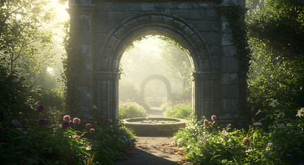 Obraz premium Sunlit stone archway leading to a misty garden retreat with floral borders