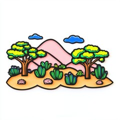 Fototapeta premium Colorful cartoon illustration of desert landscape with cacti, trees and mountains under a bright blue sky