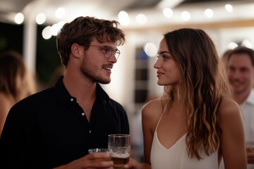 A charming scene of two people engaging in conversation while holding drinks at a lively social gathering, encapsulating the vibrancy of human connections.