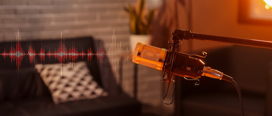 Stand with modern professional microphone in room at night