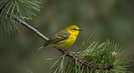 Obraz premium Vibrant yellow-rumped warbler perched elegantly on a pine branch in forest