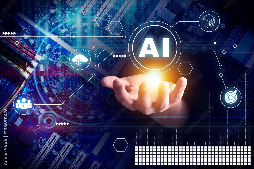 Poster artificial intelligence. man holding virtual scheme with ai abbreviation and icons, double exposure 