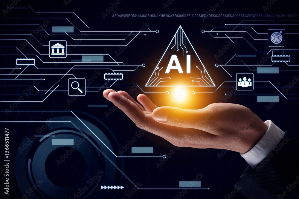 Poster artificial intelligence. businessman holding virtual circuit board scheme with ai abbreviation and i