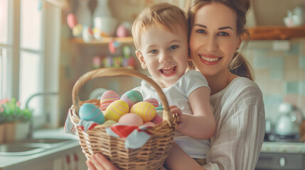 Fototapeta premium Sweet family portrait of happy mother and little son holding wicker basket full of painted multi-colored Easter eggs, tenderly embracing and smiling in cozy light kitchen at home, selective focus