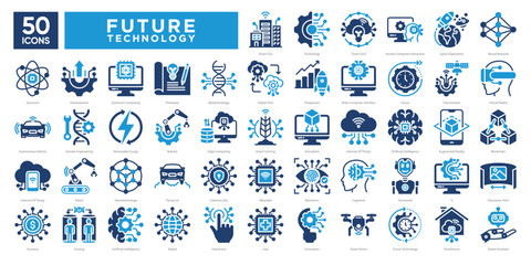 Future technology icon collection set, including AI, robotics, quantum computing, smart cities, and biotechnology. Perfect for tech presentations, infographics, and innovation projects.