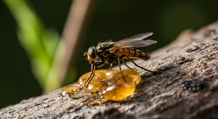 Macro Image Capturing Feather-legged Fly Sipping Tree Sap in Natural Habitat