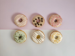 Obraz premium A top-view arrangement of colorful donuts with various frostings and toppings