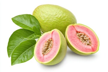 Pink guava fruit halves with leaves
