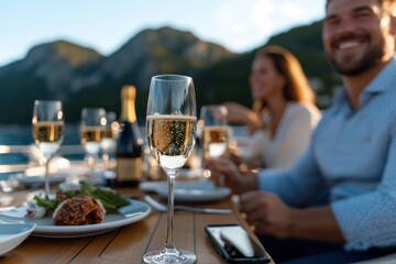 Obraz premium A beautifully set dining table on a boat, showcasing sparkling glasses of champagne, delicious food, and stunning scenic views of mountains and water at sunset.