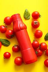 Bottle of ketchup and tomatoes on yellow background