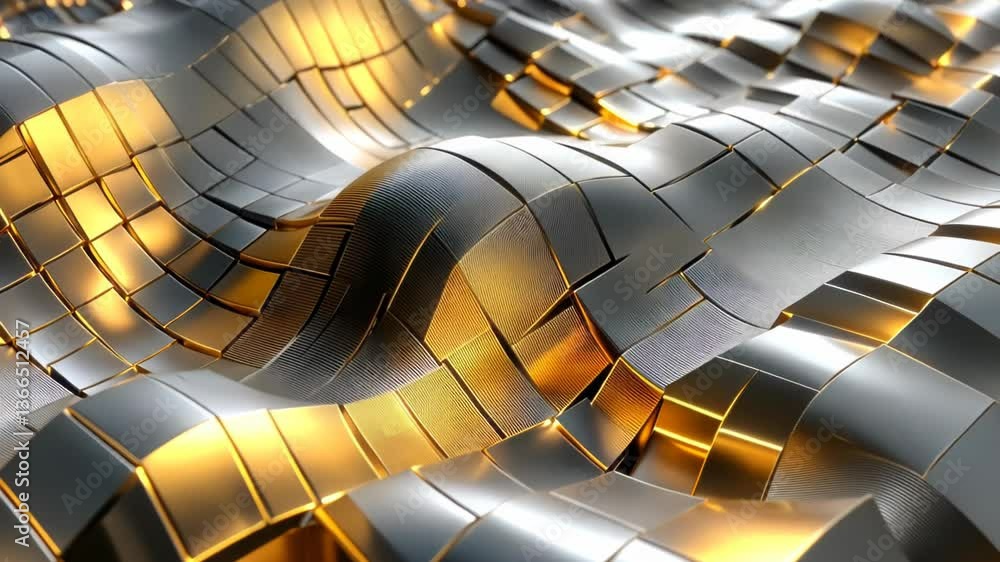 Poster metallic waves shimmer in golden light with intricate patterns and reflections in a dynamic tapestry
