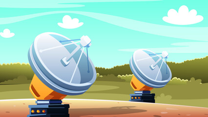 Adobe IllustratA vector cartoon illustration of two radio telescopes in a picturesque mountainous landscape. Bright colors and simple shapes give it a playful look, with green and brown mounor Artwork