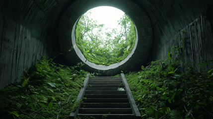 Stairway in overgrown concrete tunnel leads to lush green vegetation and bright daylight above, evoking mystery and nature’s reclaim.