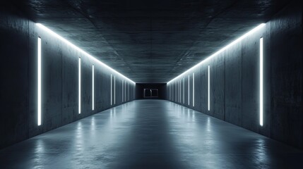 Underground tunnel corridor featuring dark concrete, white led lights, and metal structures