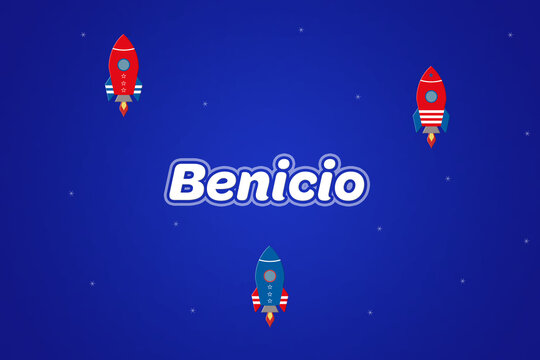 Benicio male boy name illustration in blue with rockets.