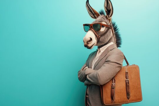 Successful donkey businessman wearing sunglasses and holding briefcase on turquoise background