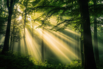 Sunlight piercing through the dense foliage of a forest, creating rays of light.
