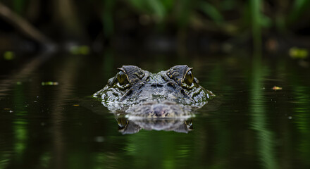 Obraz premium Eerie Encounter: Close-Up of Crocodile Eyes Peeking Above Murky Water Surface
