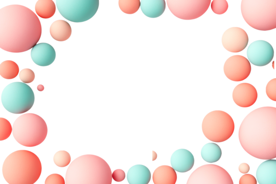 Floating pastel spheres frame, modern design, cut out transparent