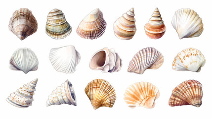 Watercolor illustration of shells collection on white background - ai generative. Spiritwoven Shell. Illustration