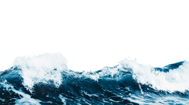 Ocean wave cresting with foam and spray, aquatic scene, cut out transparent