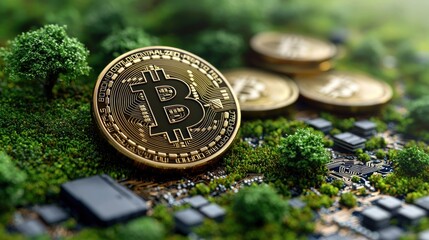 Bitcoin on a circuit board with greenery