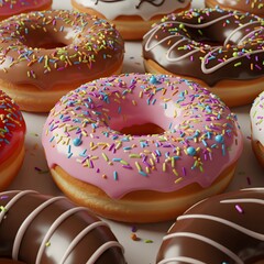 Colorful glazed donuts with icing sugar and sprinkles, delicious dessert snack, perfect for breakfast or as a sweet treat from a bakery
