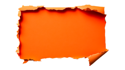 Bright orange paper with torn edges, abstract design element, cut out transparent