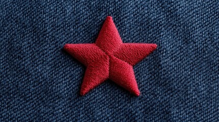 Embroidered Red Star on Denim Fabric