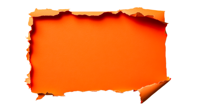 Bright orange paper with torn edges, abstract design element, cut out transparent