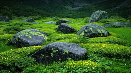 Serene Mountain Meadow: Mossy Rocks and Yellow Flowers