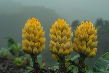 Golden Lotus Banana Rare Medicinal Plant Risk Show Golden Lotus Banana Musella lasiocarpa unique yellow lotus shaped flower blooming foggy Chinese mountain valley botanist nurture seedling