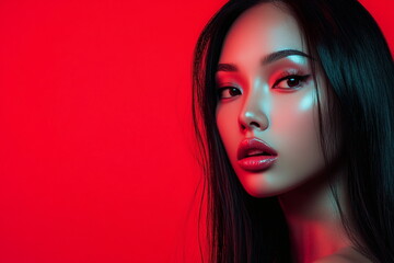 Glamorous woman posing against a vivid red background with shiny skin and dramatic makeup. Beauty, fashion, editorial or cosmetics ad concept.
