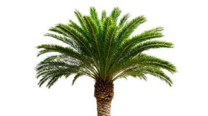 Tropical palm tree with green fronds against black, cut out transparent
