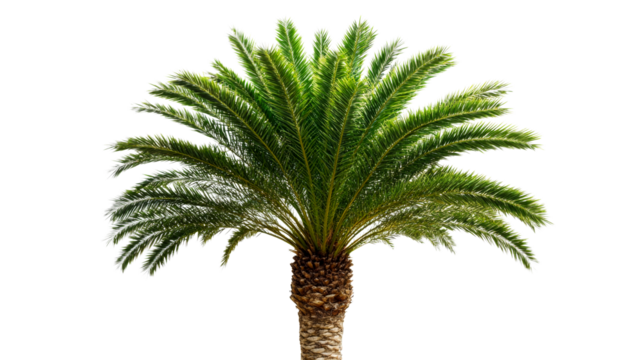 Tropical palm tree with green fronds against black, cut out transparent