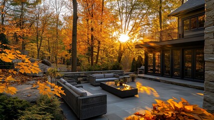Autumnal sunset illuminates a modern patio nestled in a vibrant forest.