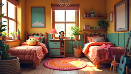 Cozy Yellow Room Interior with Mock-Up Poster Frame, Braided Bed, Green Shelf, Plush Lamp, Monkey, Guitar, Brown Bedding, Rug, Basket, Colorful Toys, and Personal Accessories for Home Decor Inspiratio