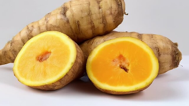 Vibrant Orange-Fleshed Yams on White Background Close-Up Food Photography Stock Footage Ideal for Advertising and Recipe Videos
