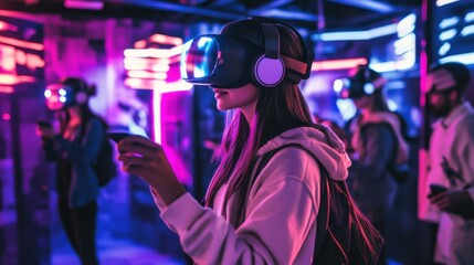 Fototapeta premium A high tech VR gaming arena, futuristic space with immersive holographic displays, Cyberpunk style