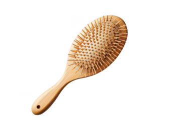 A smooth bamboo hairbrush for gentle detangling, showcasing natural beauty on a white background