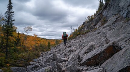 Hiker ascends rocky trail through autumnal forest.
