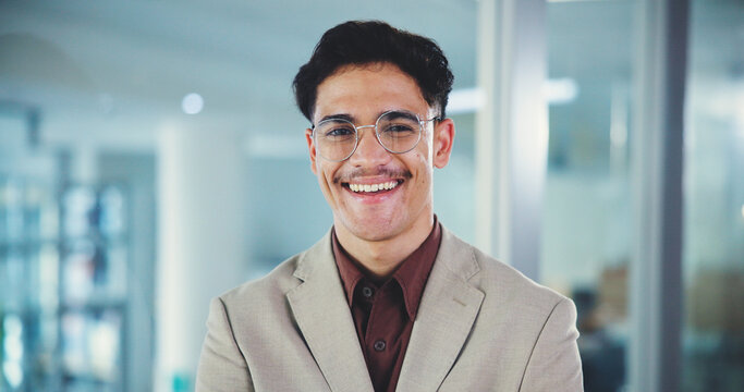 Office, businessman and portrait with smile for finance career, corporate project and professional. Happy, male person and accountant with confidence for company growth, about us and accounting firm