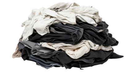 Heap of mixed clothes, messy pile of clothing items, cut out transparent